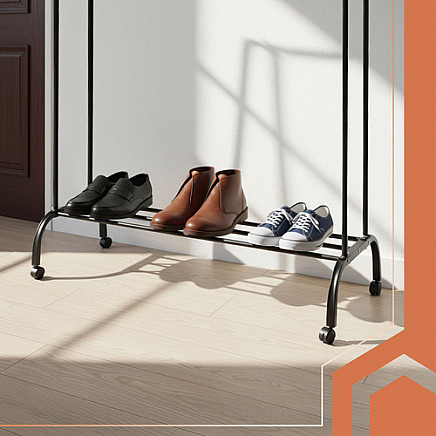 Drēbju statīvs uz riteņiem Ruhhy 27084 dubultais ar plauktu un āķiem, melns