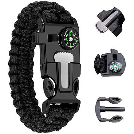 Bracelet survival wristband 5in1 compass flint rope blade paracord rope