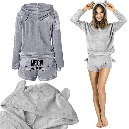 Silta sieviešu plīša pidžama ar kapuci un šortiem, L izmērs, pelēka