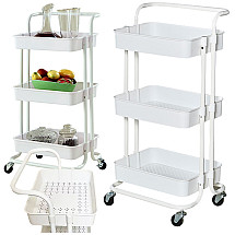 Bathroom shelf, kitchen cabinet, mobile rack on wheels, 3 levels, white