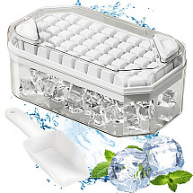 Ice cube tray for 50 cubes with container, buttons and scoop