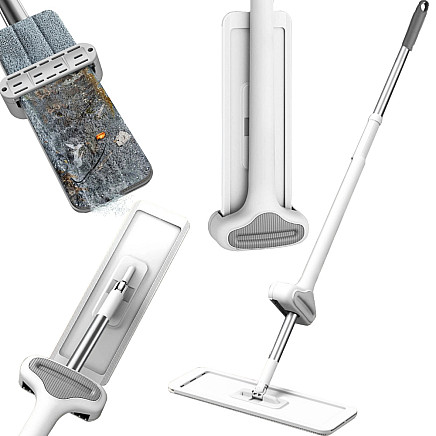 Salokāms plakanais mops ar nospiešanas mehānismu 125 cm, mikrošķiedras, balts