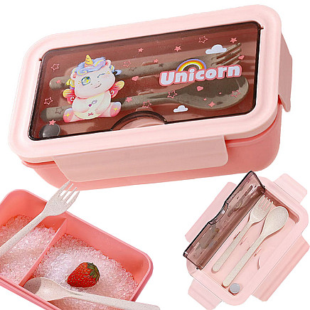 Pusdienu kaste ar nodalījumiem un galda piederumiem skolai darbam, rozā