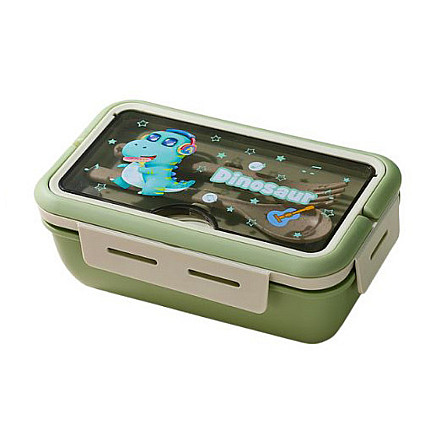 Bērnu pusdienu kastes komplekts ar ūdens pudeli un piederumiem, zaļš