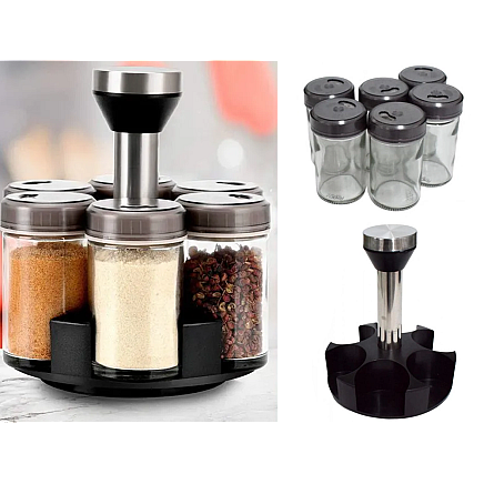 Spice organiser rotary glass containers 6 pieces spice salt
