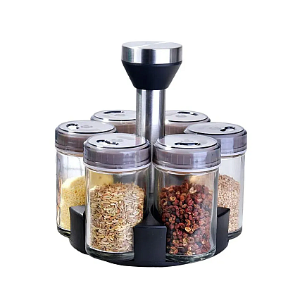 Spice organiser rotary glass containers 6 pieces spice salt