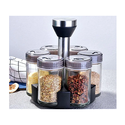 Spice organiser rotary glass containers 6 pieces spice salt