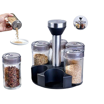 Spice organiser rotary glass containers 6 pieces spice salt