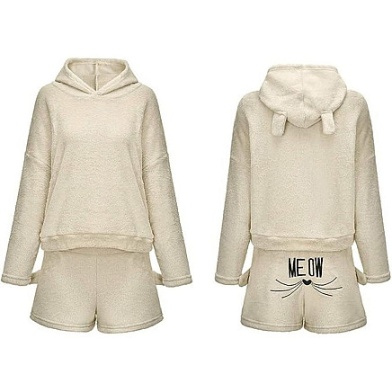 Silta sieviešu plīša pidžama ar kapuci un šortiem, XL, bēša