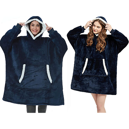 Silts oversize džemperis-sega 2in1 ar kapuci un kabatu, tumši zils