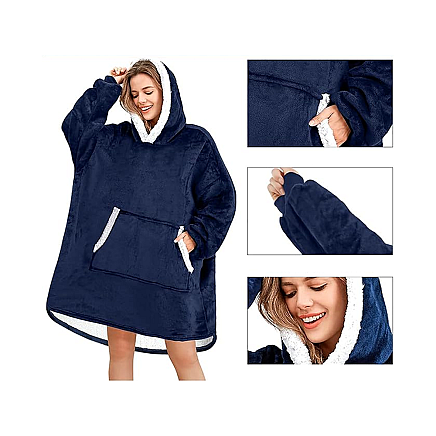 Silts oversize džemperis-sega 2in1 ar kapuci un kabatu, tumši zils