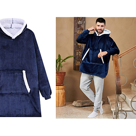 Silts oversize džemperis-sega 2in1 ar kapuci un kabatu, tumši zils
