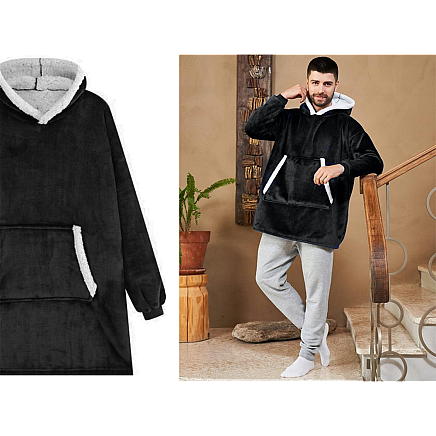 Silts un mīksts oversize džemperis-sega ar kapuci, biezs, melns