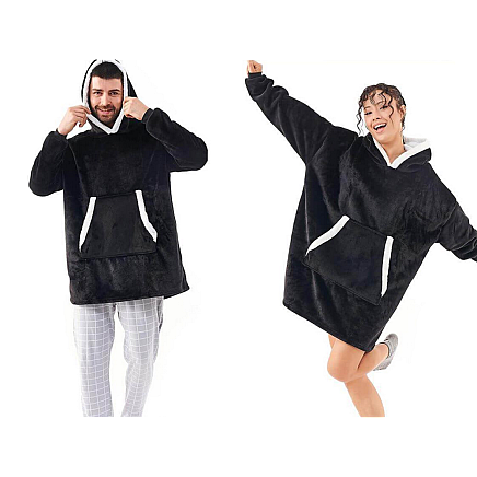 Silts un mīksts oversize džemperis-sega ar kapuci, biezs, melns