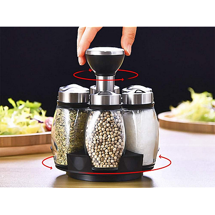 Spice organiser rotary glass containers 6 pieces spice salt