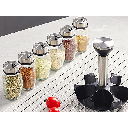 Spice organiser rotary glass containers 6 pieces spice salt
