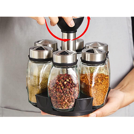 Spice organiser rotary glass containers 6 pieces spice salt