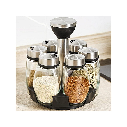 Spice organiser rotary glass containers 6 pieces spice salt