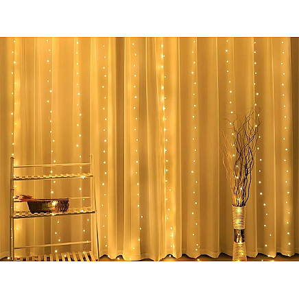Ziemassvētku Gaismas Aizkars, Virtene uz Stieples, 300 LED, USB, Silti Balta