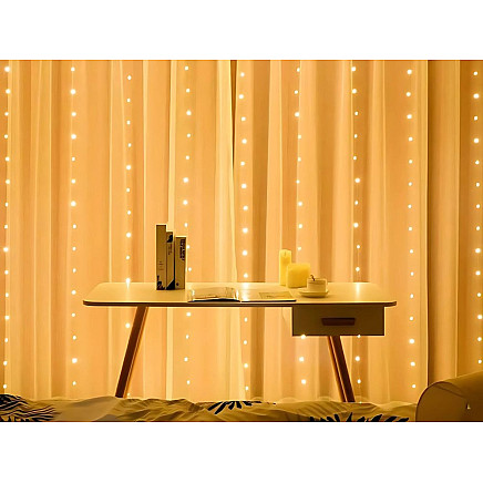Ziemassvētku Gaismas Aizkars, Virtene uz Stieples, 300 LED, USB, Silti Balta