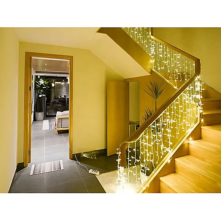 Ziemassvētku Gaismas Aizkars, Virtene uz Stieples, 300 LED, USB, Silti Balta