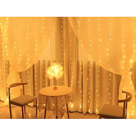 Ziemassvētku Gaismas Aizkars, Virtene uz Stieples, 300 LED, USB, Silti Balta