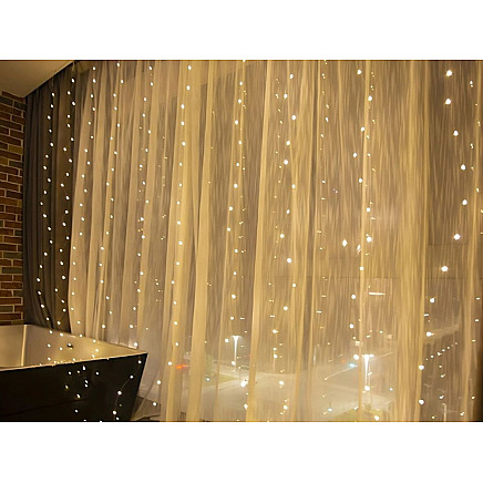 Ziemassvētku Gaismas Aizkars, Virtene uz Stieples, 300 LED, USB, Silti Balta