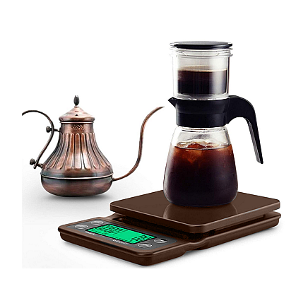 Precīzie elektroniskie kafijas virtuves svari ar taimeri 5kg 0,1g, brūni