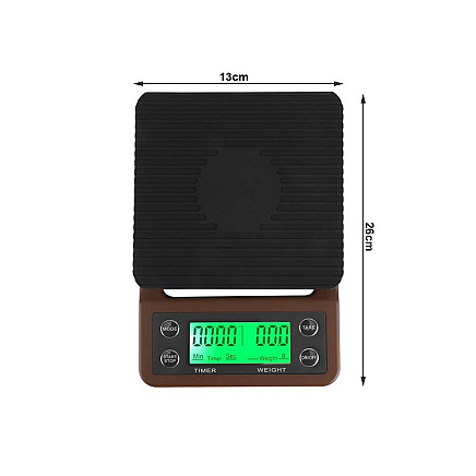 Precīzie elektroniskie kafijas virtuves svari ar taimeri 5kg 0,1g, brūni