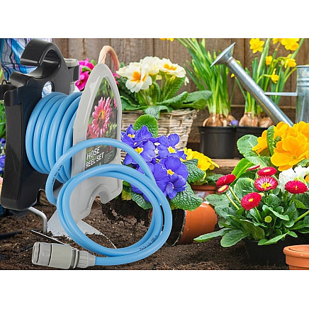Garden waterring hose on a stand with a coiled spray gun 10m