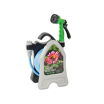 Garden waterring hose on a stand with a coiled spray gun 10m