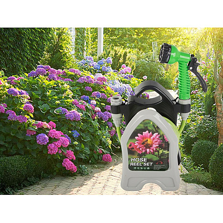 Garden waterring hose on a stand with a coiled spray gun 10m