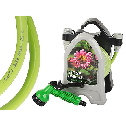 Garden waterring hose on a stand with a coiled spray gun 10m