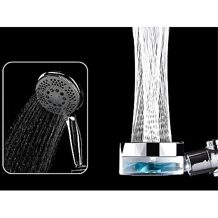 Dušas galva ar turbīnu, maināmu filtru un ventilatoru, sudraba/zila