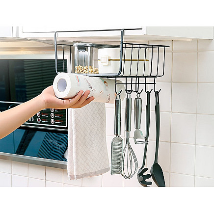 Metal basket under cabinet top 5 hooks paper holder