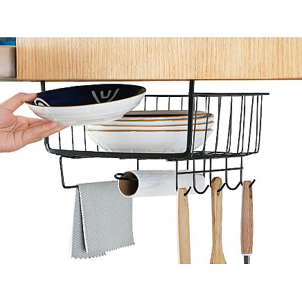 Metal basket under cabinet top 5 hooks paper holder