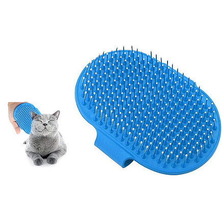 Mīksta masāžas suka suņiem un kaķiem, spalvas un pavilnas ķemme, zila