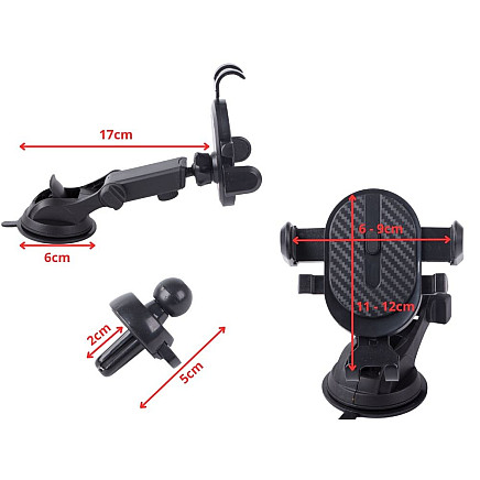 Universāls auto telefona turētājs stiprināšanai pie stikla vai ventilācijas restē, melns