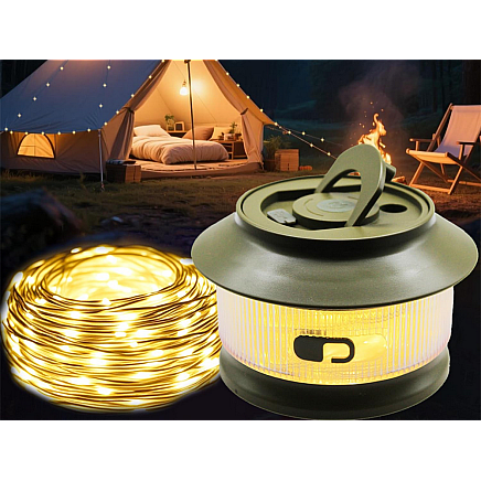 Uzlādējama kempinga LED lampa ar 20m siltās gaismas virteni