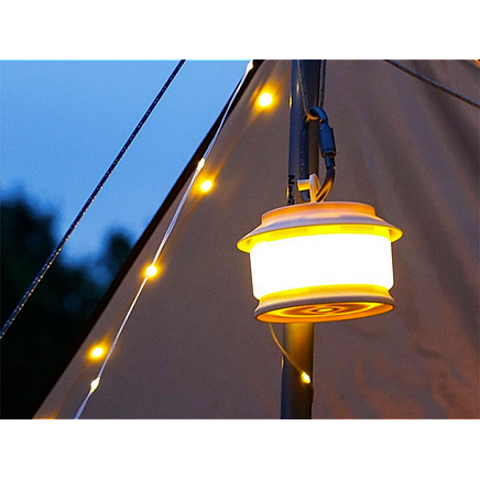 Uzlādējama kempinga LED lampa ar 20m siltās gaismas virteni