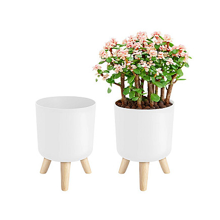 Puķu pods ar koka statīvu uz kājiņām, 14 cm, balts