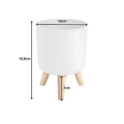 Puķu pods ar koka statīvu uz kājiņām, 14 cm, balts