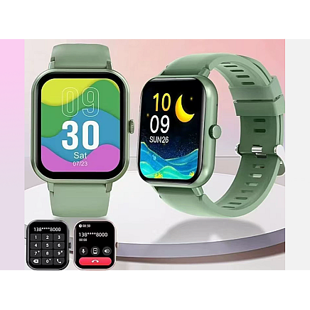 Sporta viedpulkstenis ar Bluetooth zvanu funkciju un silikona siksniņu, zaļš