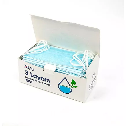 3-slāņu sejas maska - augstas efektivitātes filtrs elpceļu aizsardzībai, universāla izmēra, ērta un regulējama, ar augstu gaisa caurlaidību, 15 gab., zila, iepakojumā