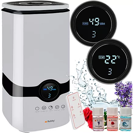 Тихий ультразвуковой увлажнитель воздуха с ионизатором, функцией ароматерапии и ночной подсветкой LED - низкое энергопотребление, чувствительная сенсорная панель, емкость 4 л с 3 ароматическими маслами