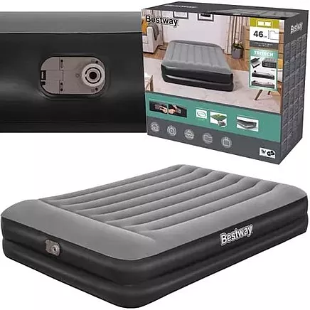 Bestway 67403 Ērts divvietīgs gaisa matracis ar integrētu elektrisko sūkni un spilvenu - izturīgs, piepūšams, āra kempinga gulta 203x152x46cm