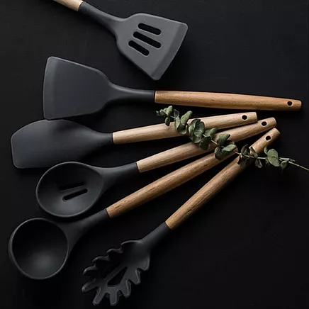 Virtuves piederumu komplekts, 12 gab., melns un bēšs, silikons un koks