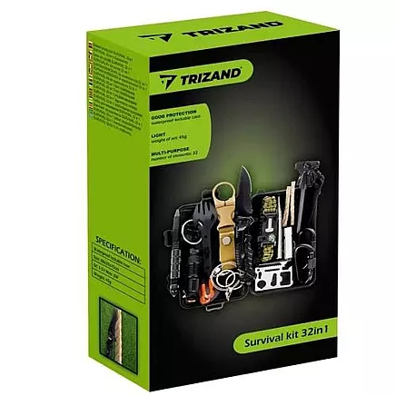 Ultimate 32 gab. ūdensizturīgs izdzīvošanas komplekts ar melnu futrāli.