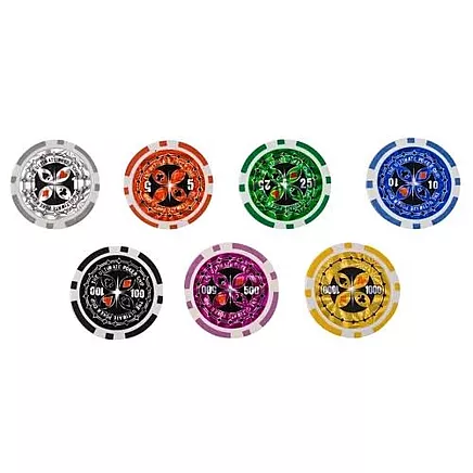 Pokera komplekts ar 500 žetoniem un koferi 13g čipi (ar nomināliem EUR)