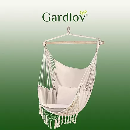 Brazilian hanging hammock-chair with cushions, beige